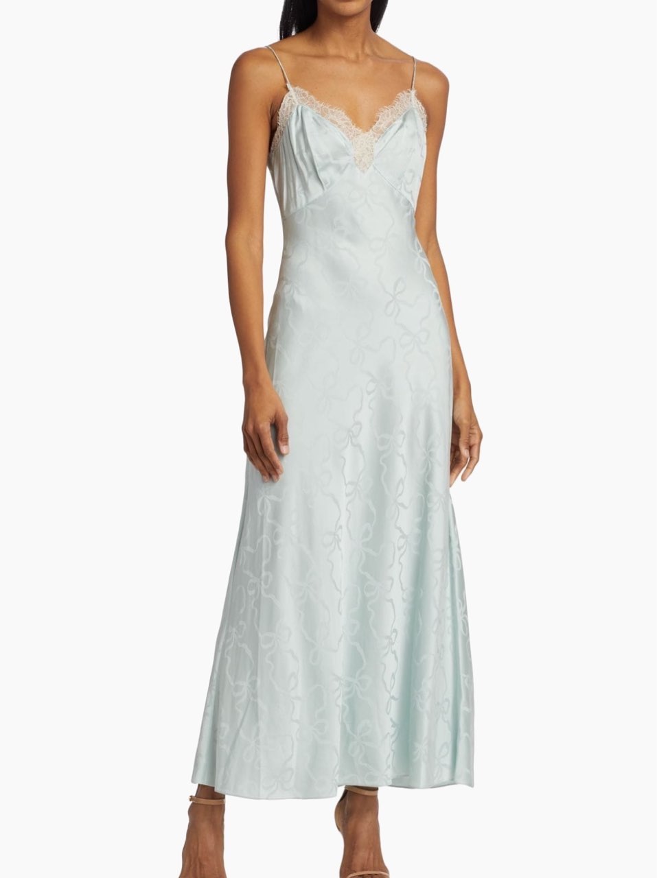 LoveShackFancy Manuela Bow Silk-Blend Slip Maxi dress in Sprout Green/Blue size XS