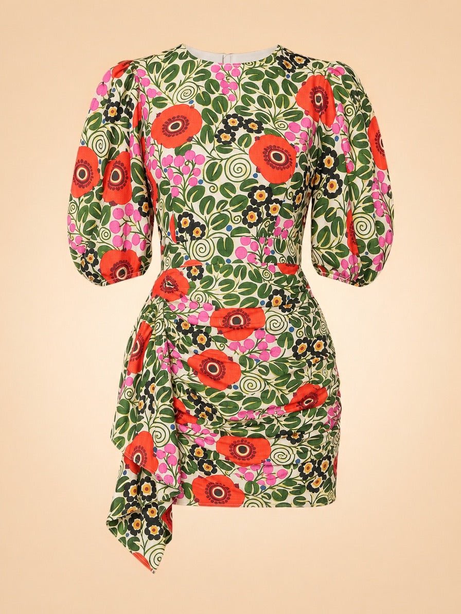 Floral Puff Sleeve Ruched Mini Dress