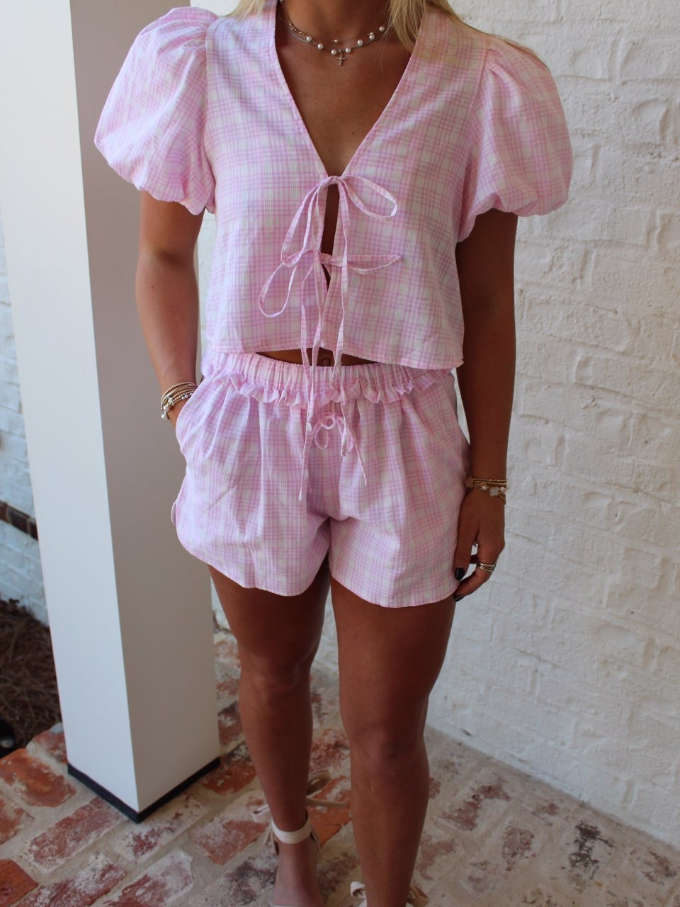 Pink Plaid Puff Sleeve Tie-Front Top and Ruffled Shorts Set
