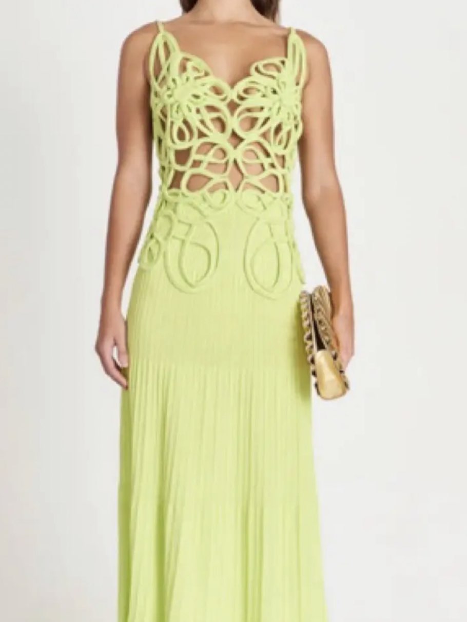 Lime Green Cutout Pleated Maxi Dress