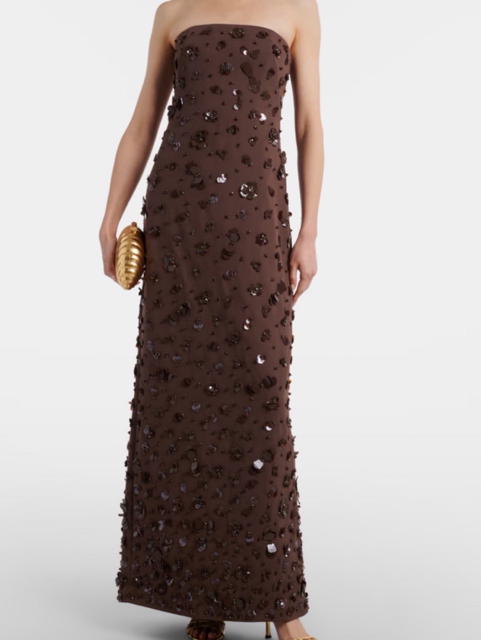Brown Embellished Strapless Maxi Dress