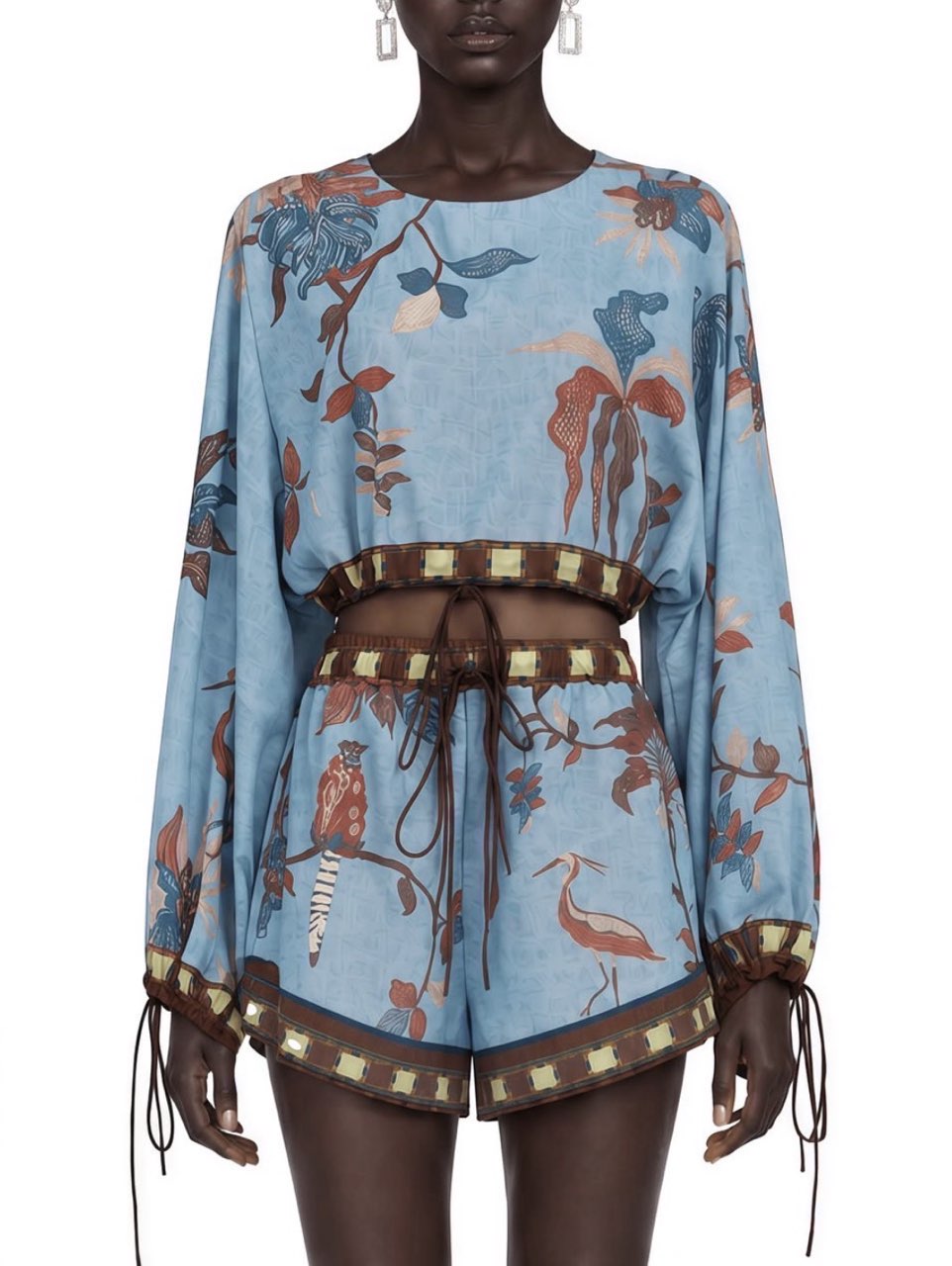 Eleanor Blue Printed Long Sleeves Blouse & Shorts Set
