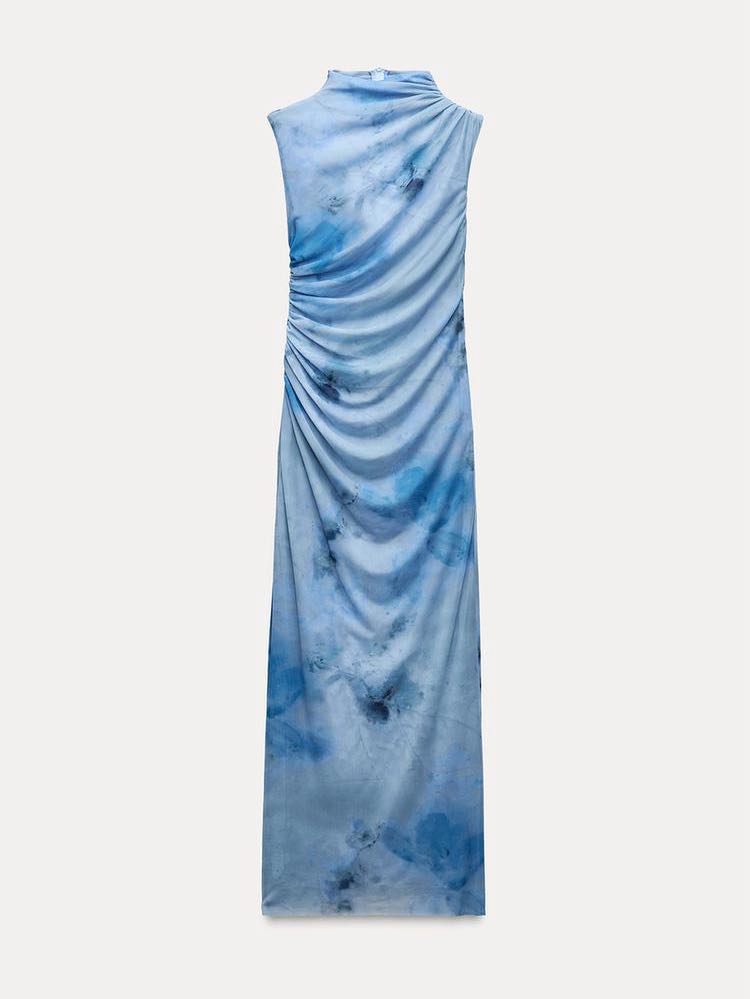 Blue printed mesh maxi dress