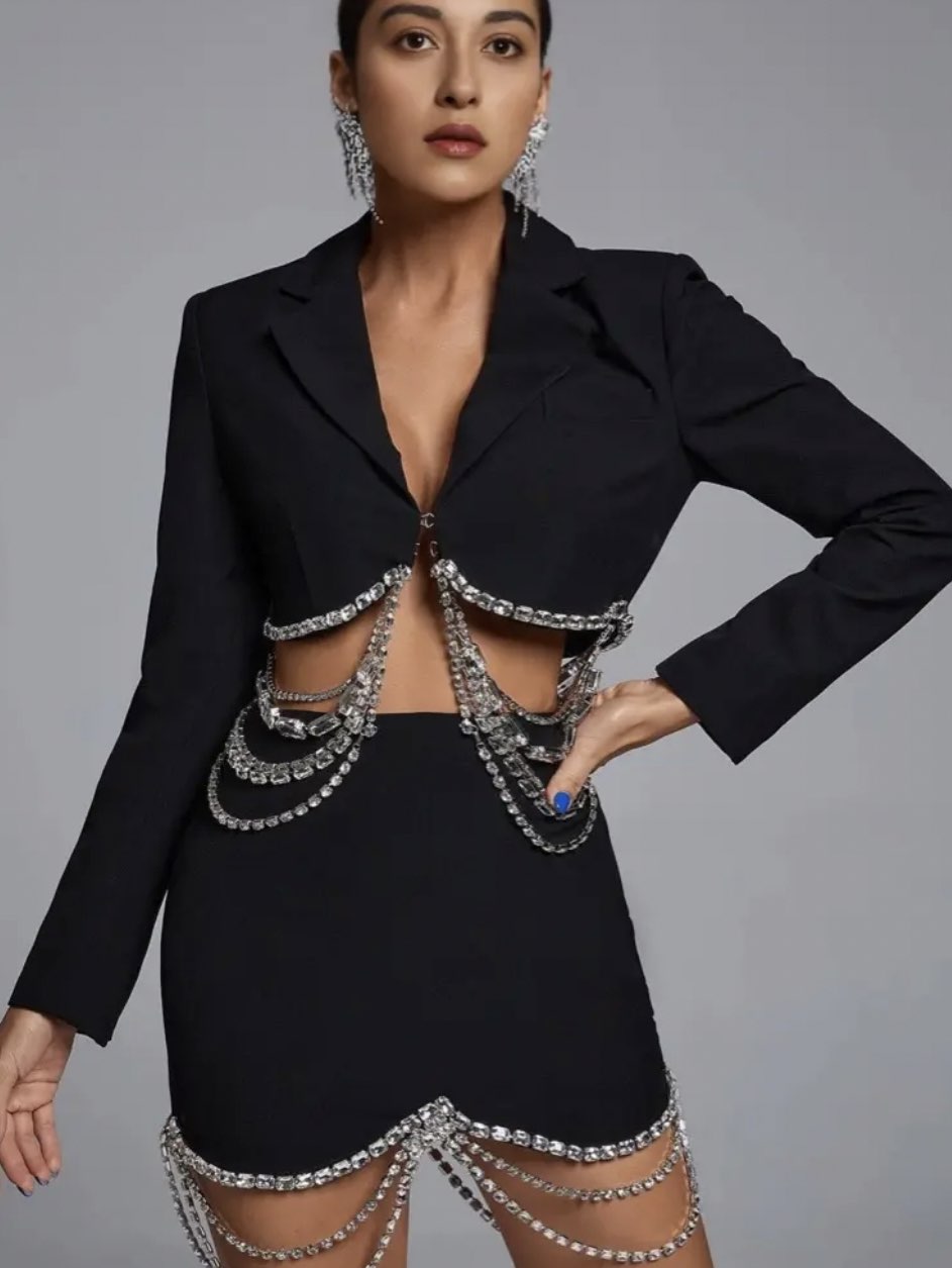 Black Rhinestone Chain Crop Blazer & Mini Skirt Set