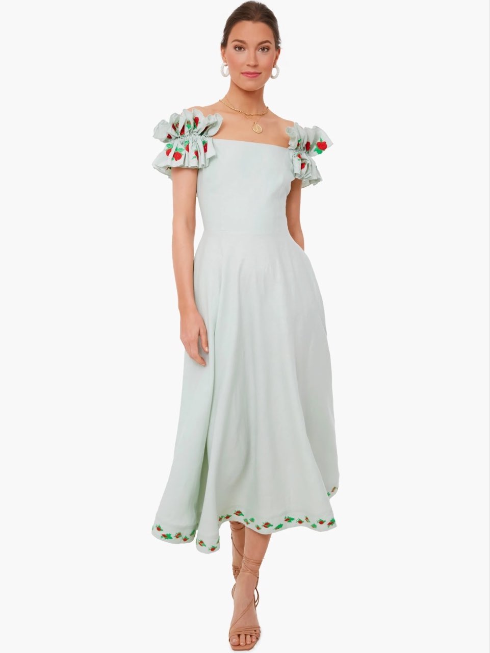 Embroidered Puff Sleeve Midi Dress