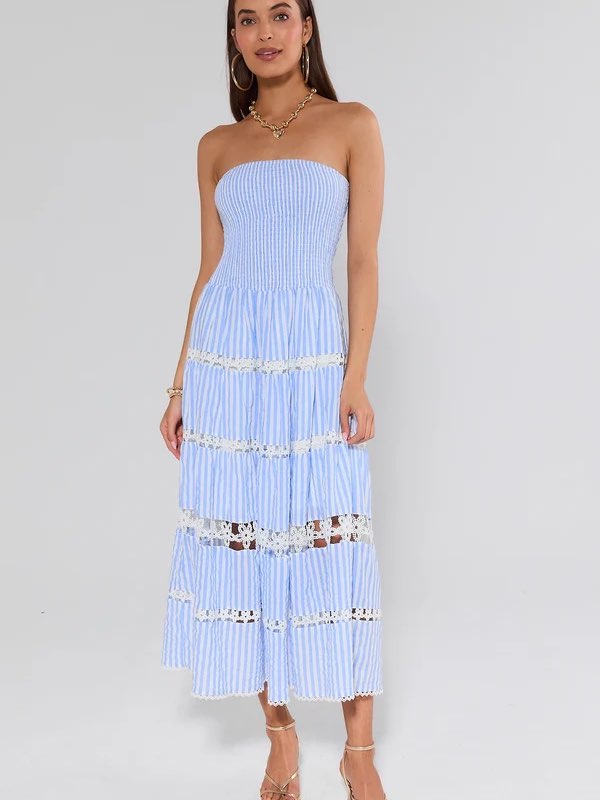 CECILIA BLUE STRIPED STRAPLESS MIDI