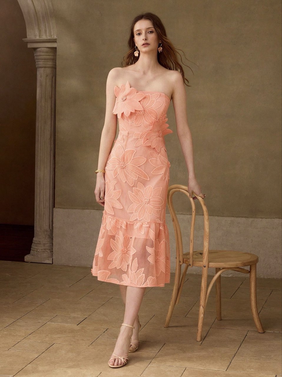 Orange sherbet floral appliqué dress