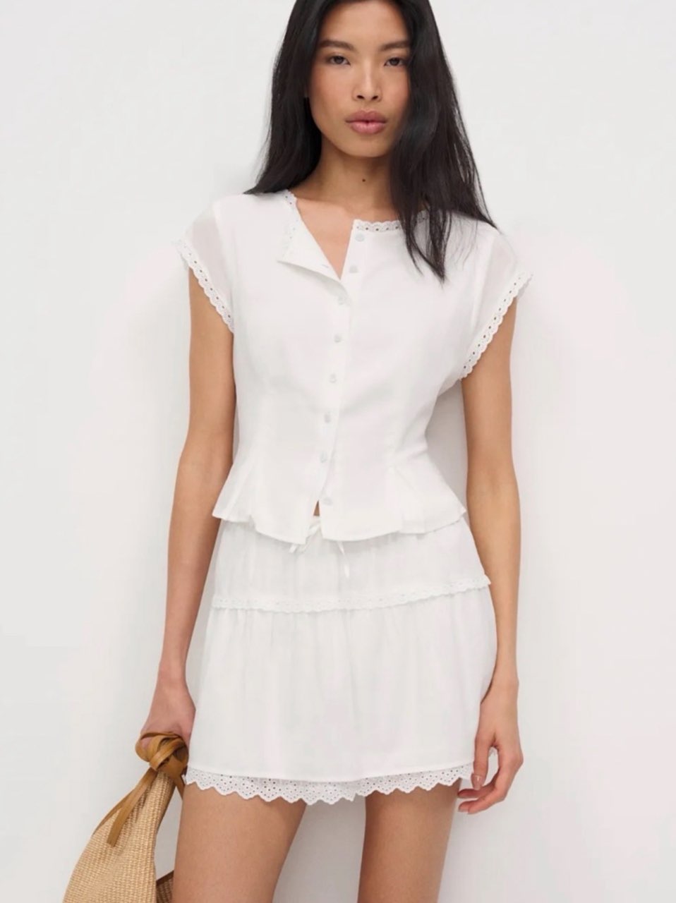 White Button-Front Tiered Matching Set