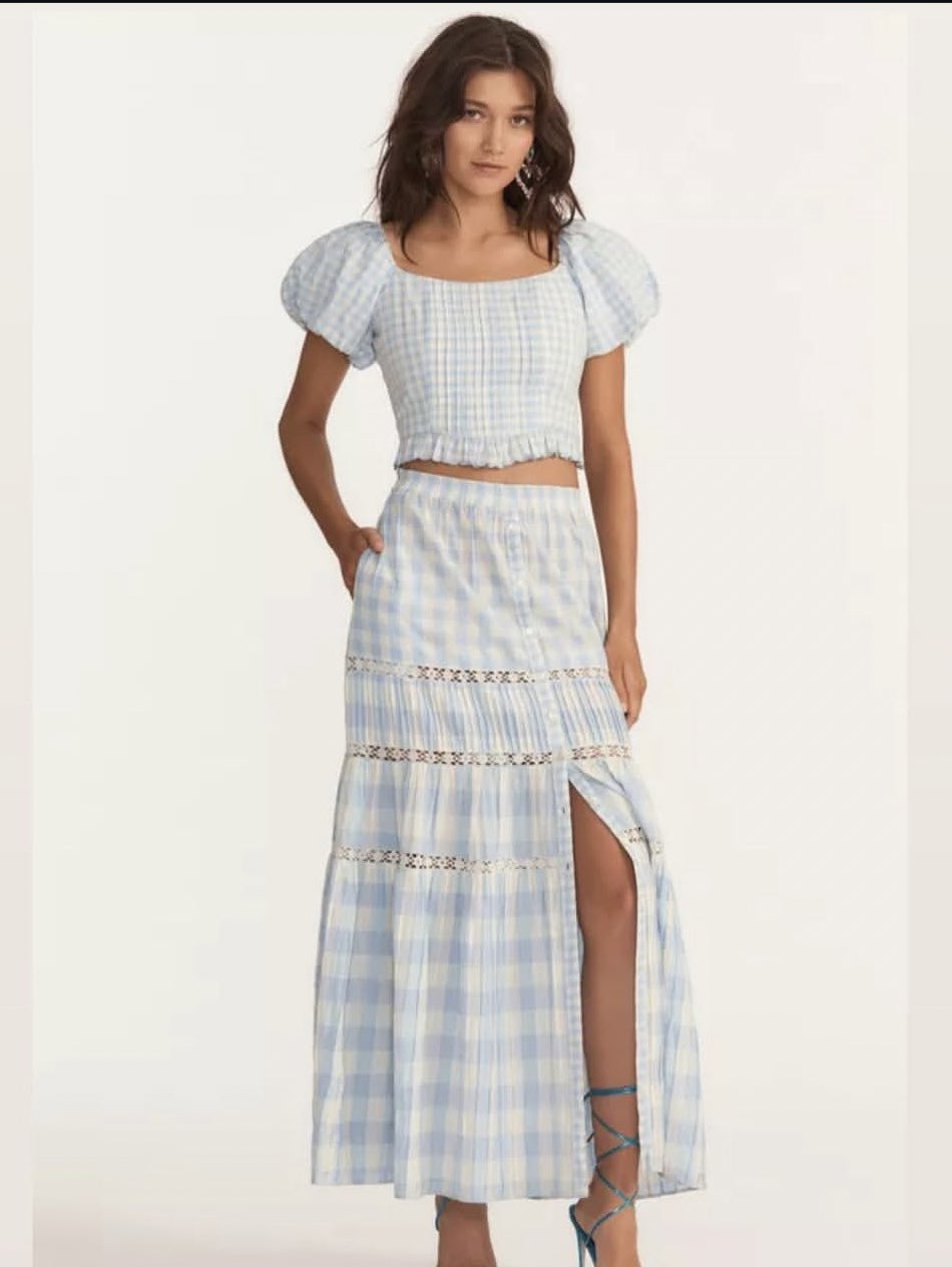 LoveShackFancy Breonna Puff Sleeve Gingham Crop Top and Bellarose Skirt in Blue Patriot size 0/XS