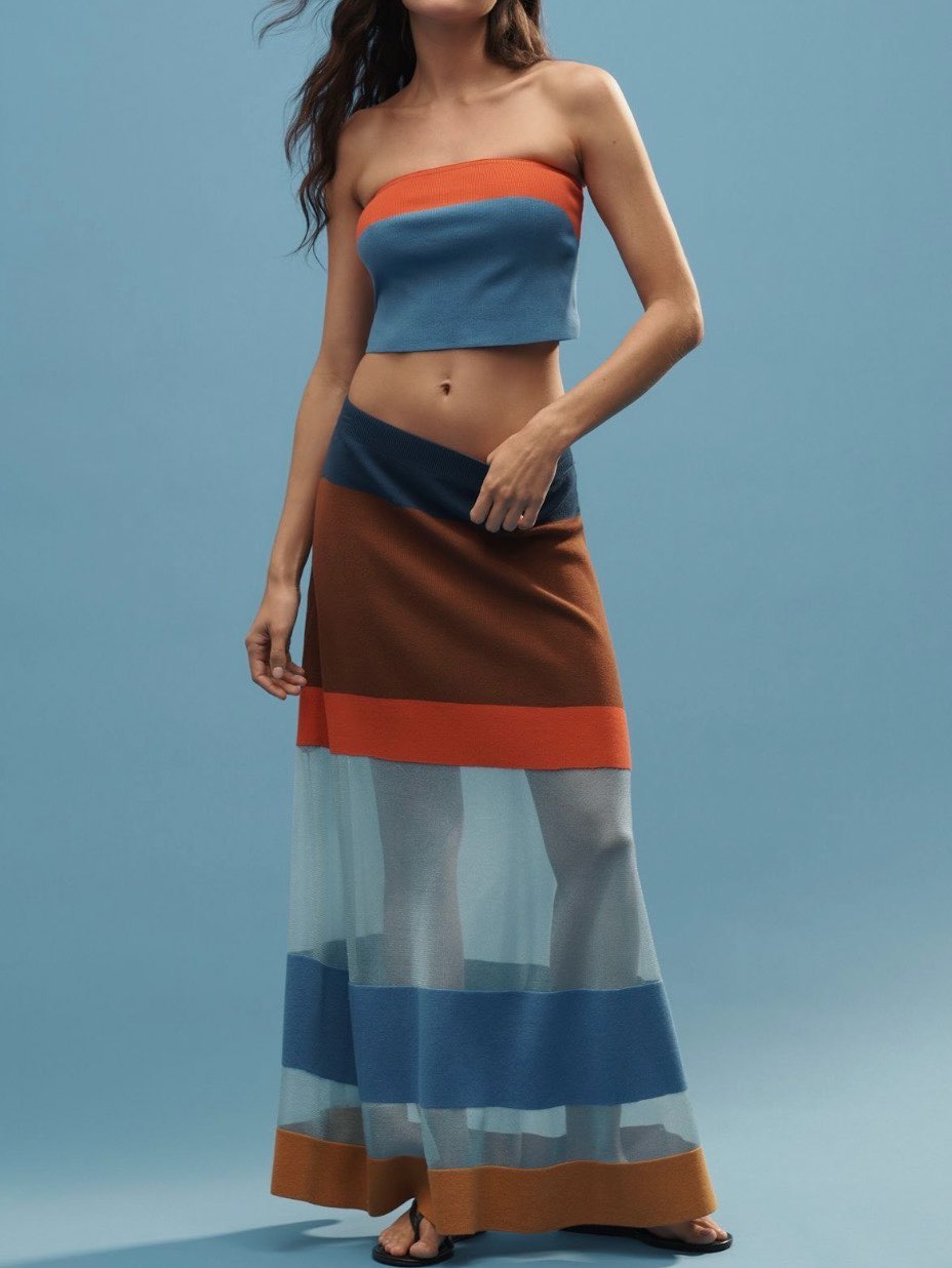 Anthropologie stripe sheer maxi skirt set