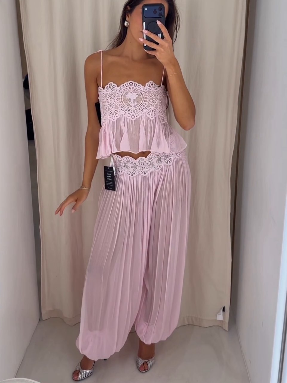 Pink Lace Trim Sheer Two-Piece Set