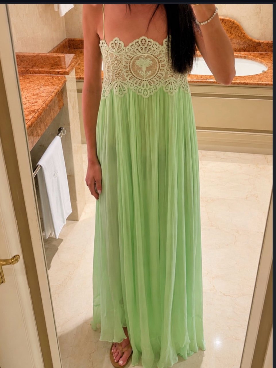 Mint Green Pleated Maxi Dress with Lace Bodice