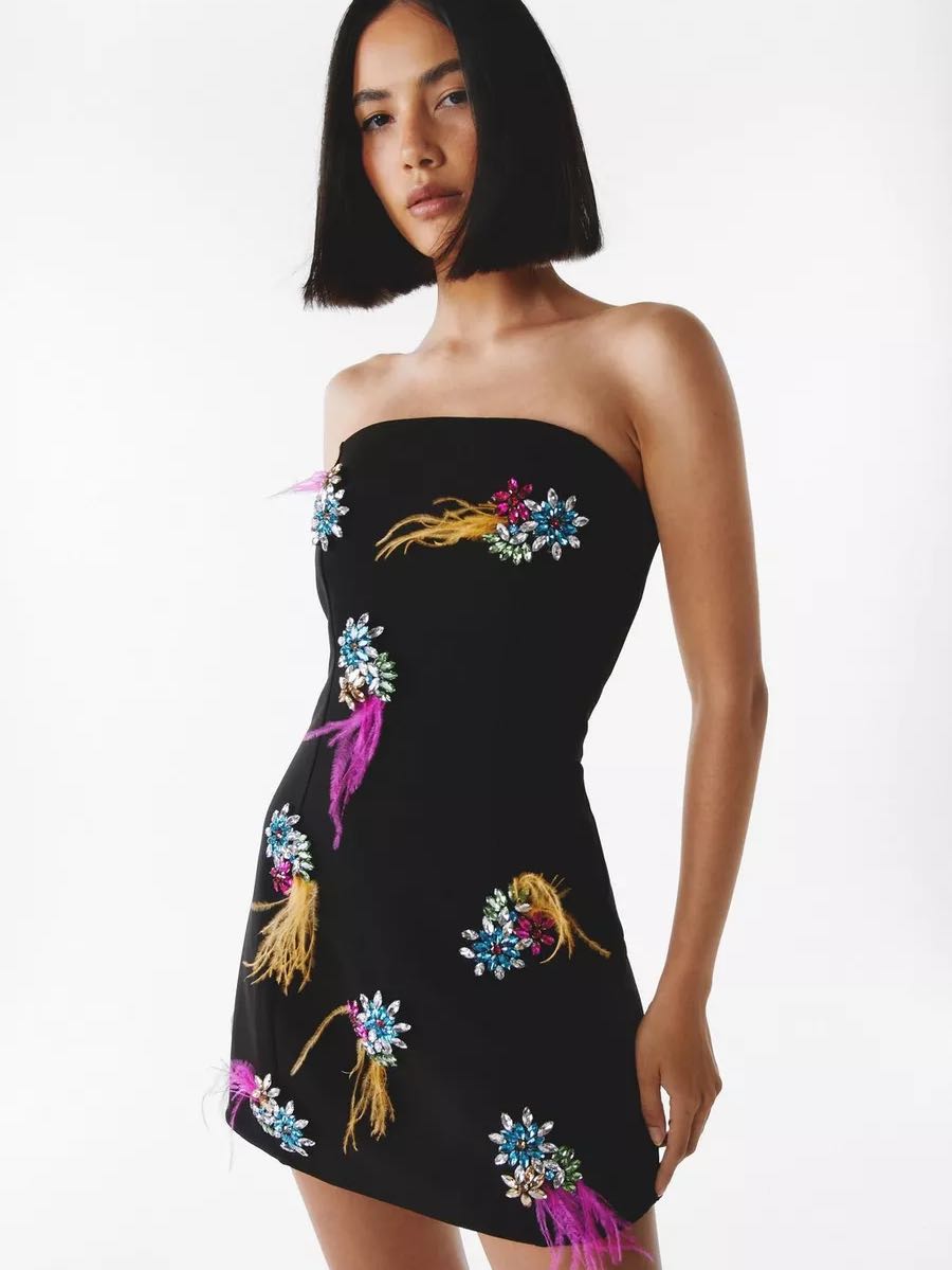 Premium Embellished Diamante Feather Strapless Dress