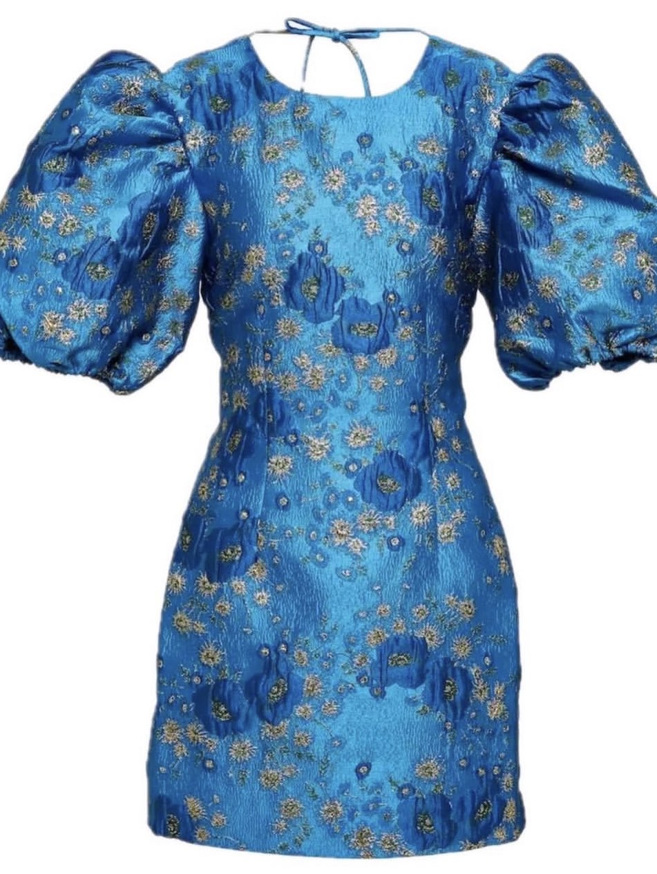 Blue Floral Puff Sleeve Mini Dress