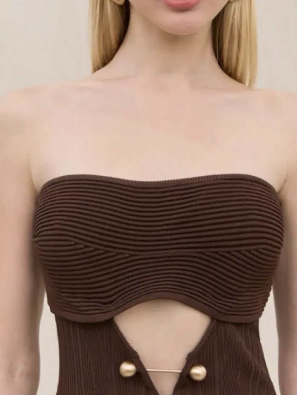 Brown Ribbed Cutout Midi Dress