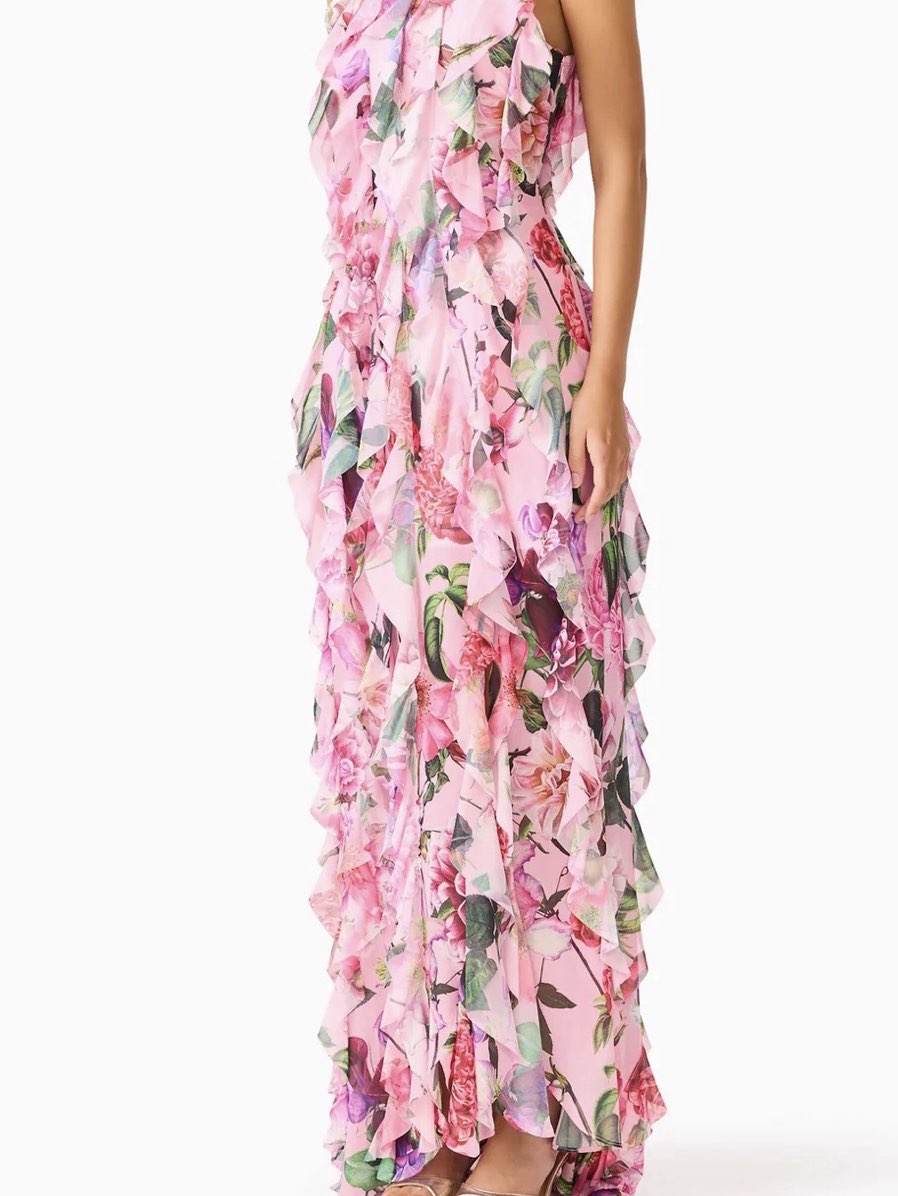 Pink Floral Ruffled Halter Maxi Dress
