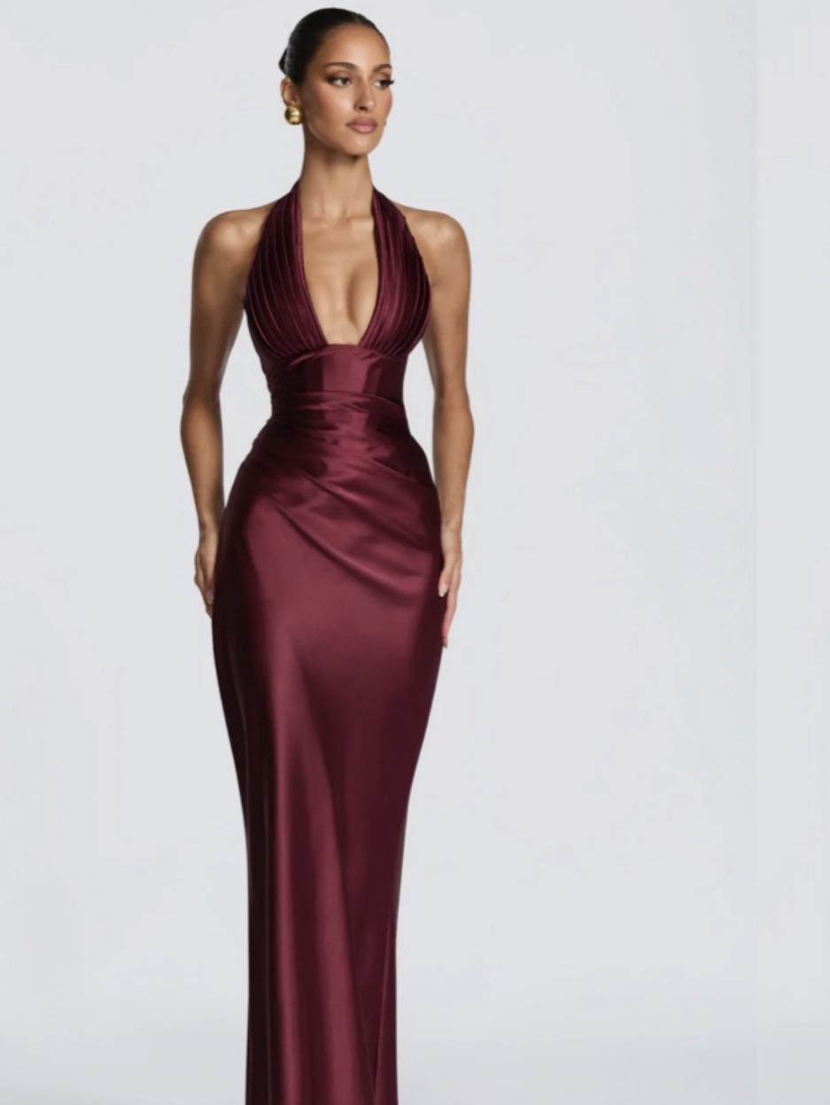 Burgundy Satin Halter Evening Dress