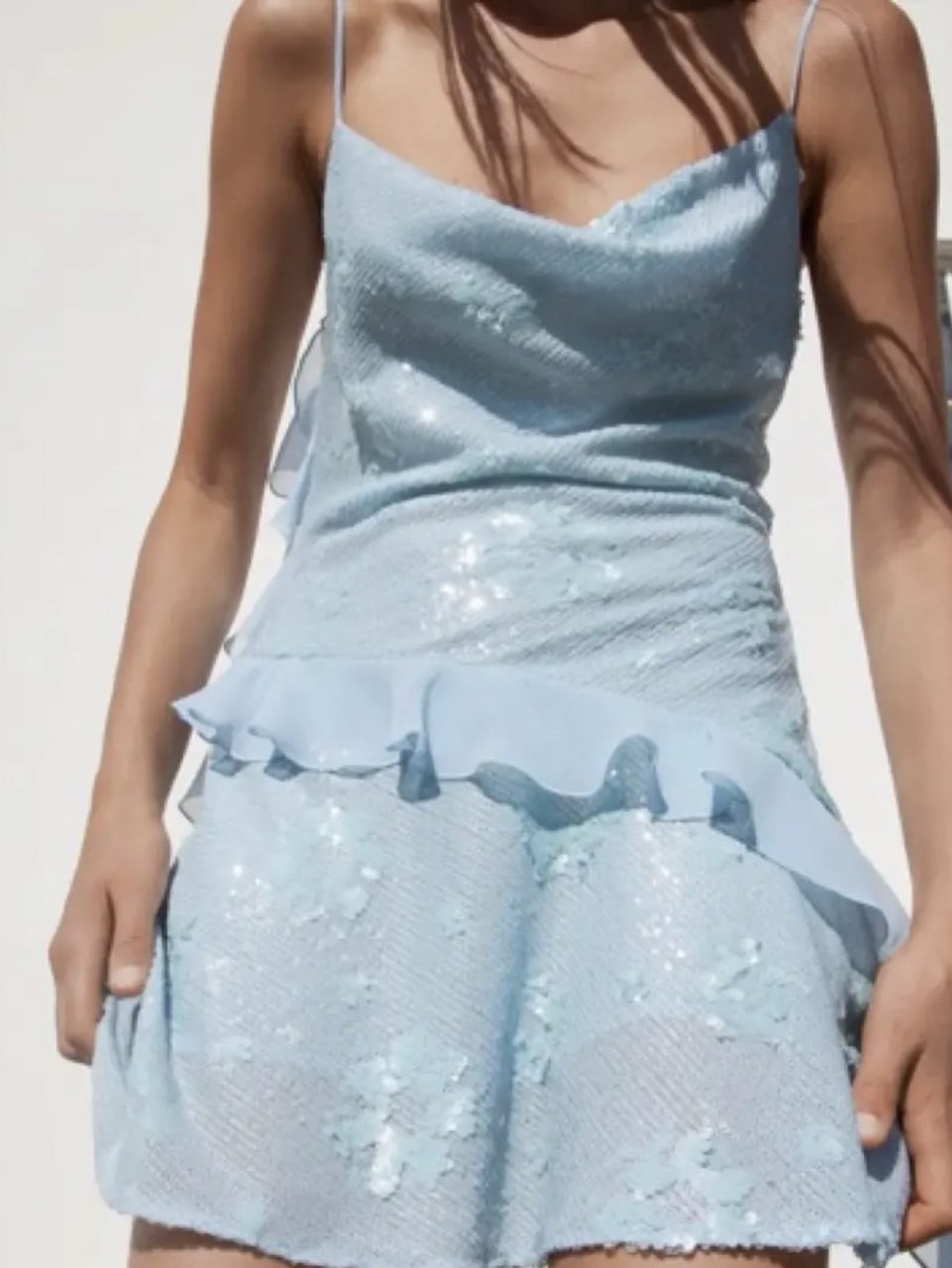 Light Blue Sequin Cowl Neck Mini Dress