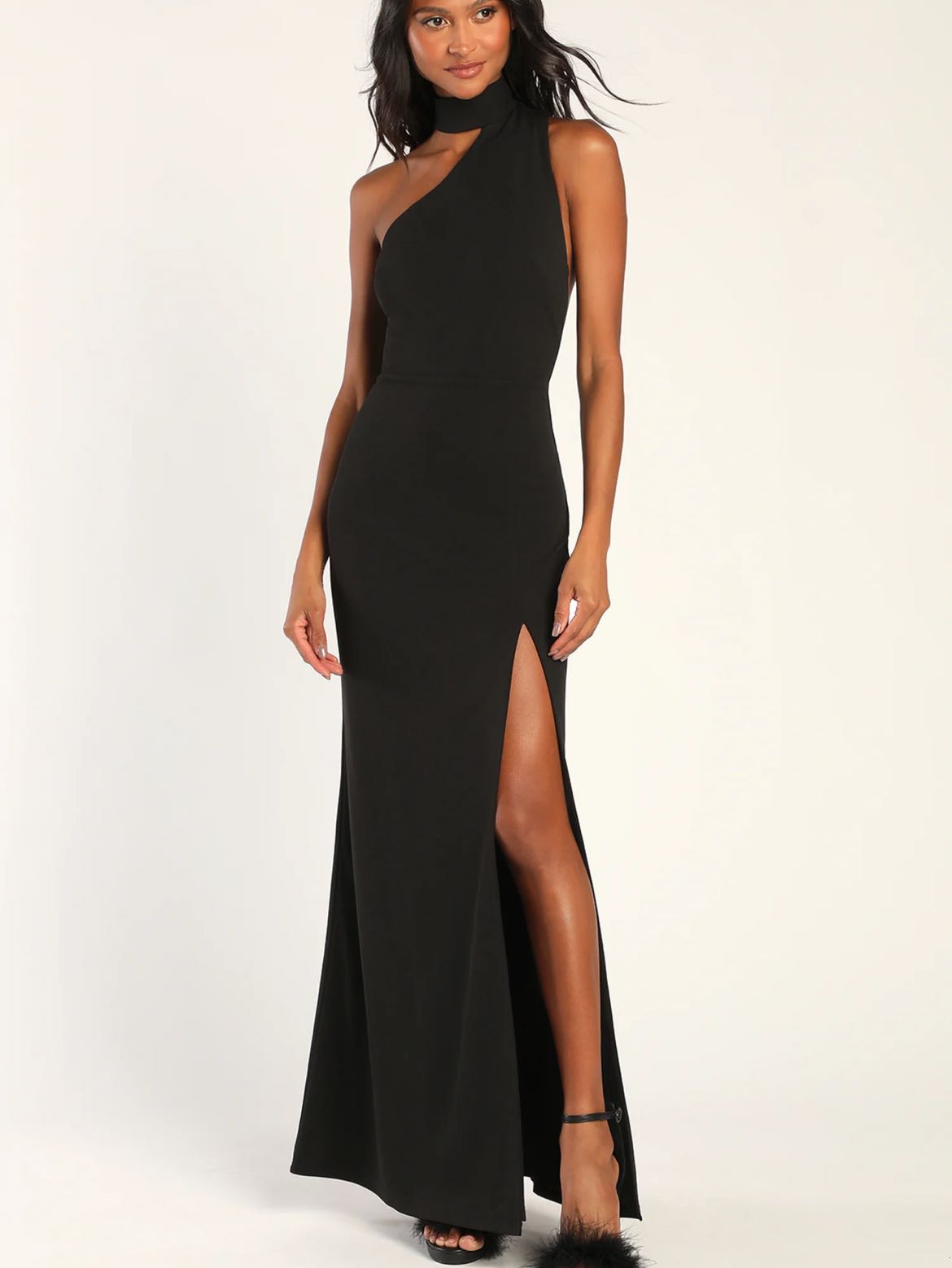 Black Asymmetrical Cutout Halter Maxi Dress