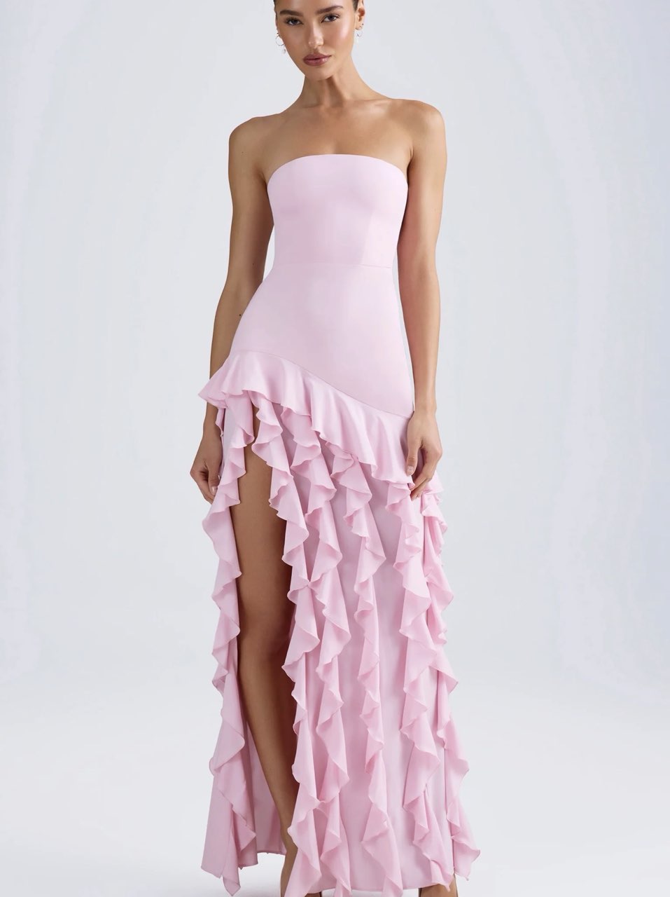 ruffle-trim strapless gown in light pink