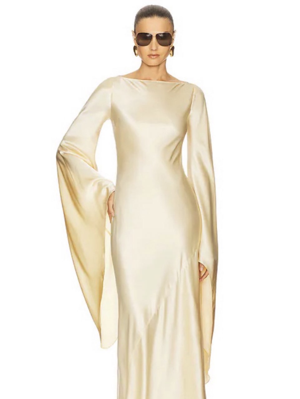 Cream Satin Maxi Dress with Cape Sleeves
