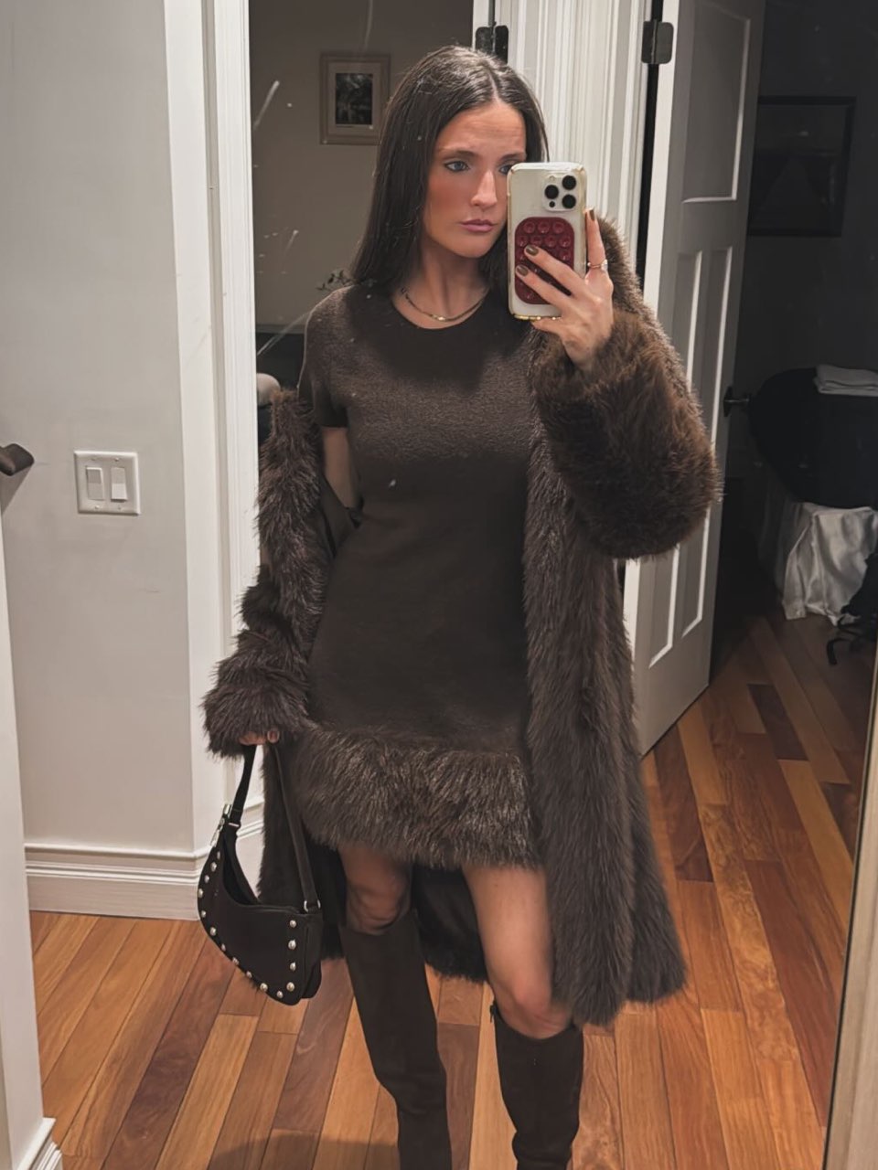 Brown Fuzzy Trim Mini Dress