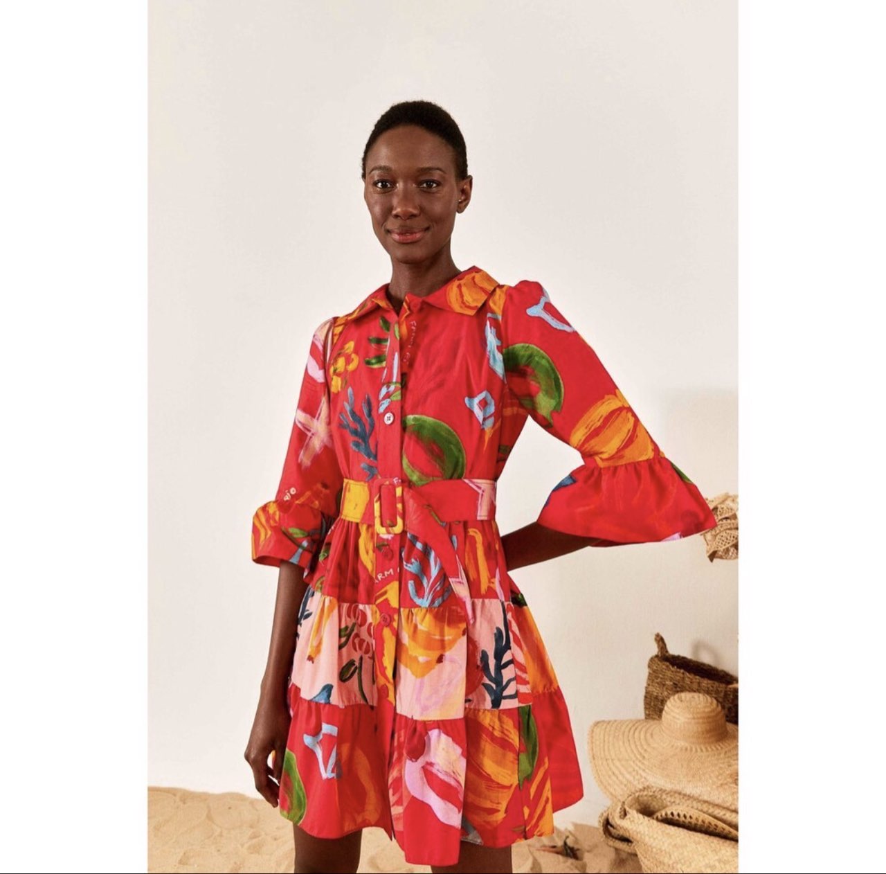 Farm Rio Red Mixed Fruits Ocean Dress