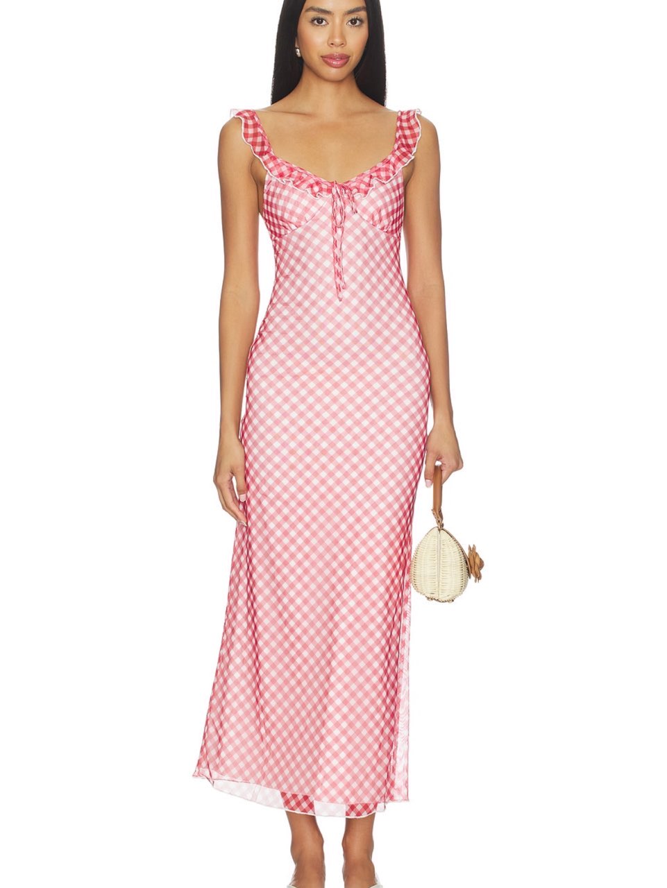 Pink Gingham Ruffled Midi Dress