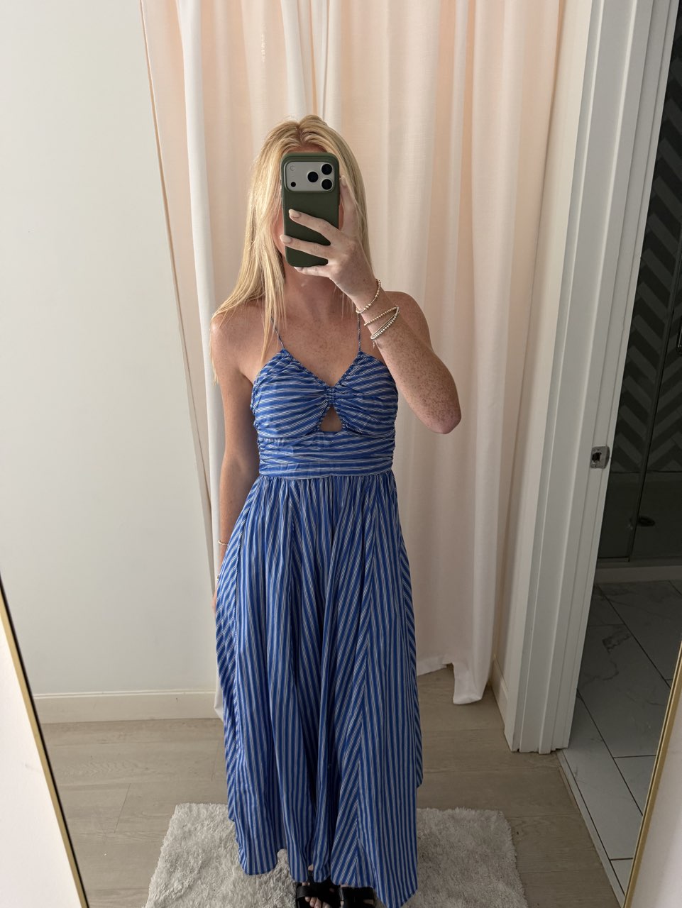 Blue and White Striped Cutout Midi Dress