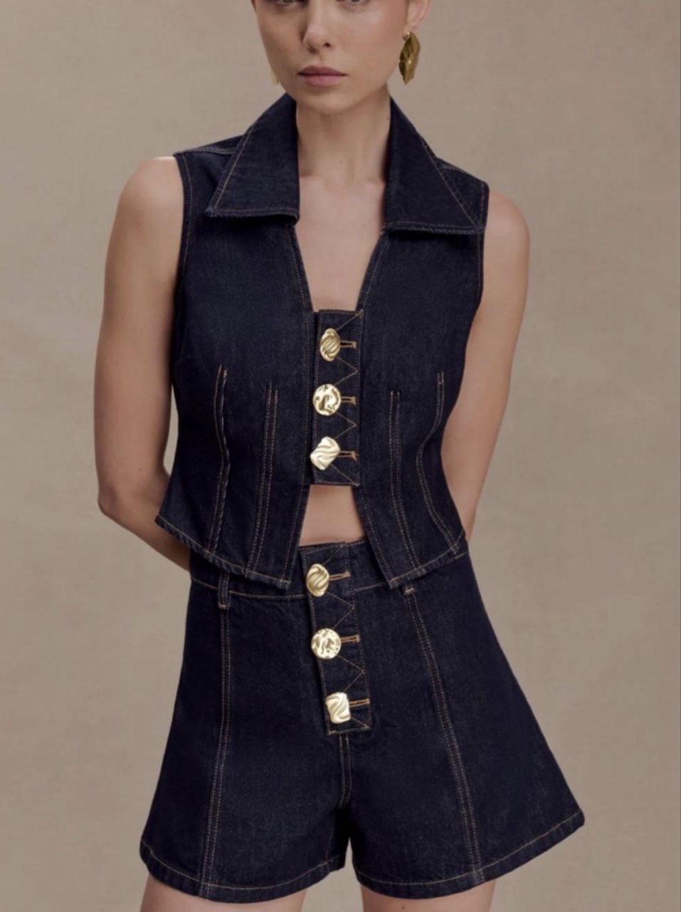 Dark Wash Denim Button-Up Vest and Shorts Set