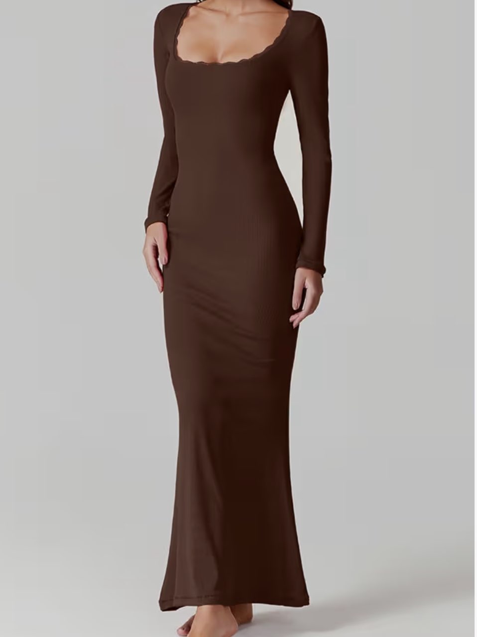 Brown Ribbed Long Sleeve Maxi Dress