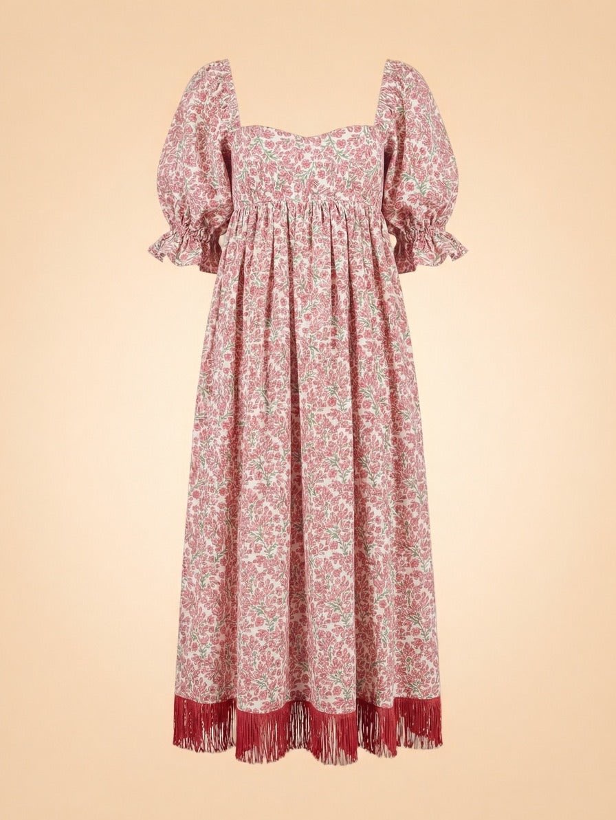 Jocelyn Embroidered Puff Sleeve Fringe Dress