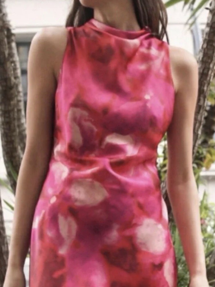 Fuchsia Floral High-Neck Midi Dress