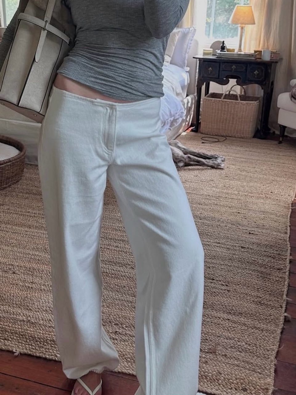 White Low-Rise Wide-Leg Drawstring Pants
