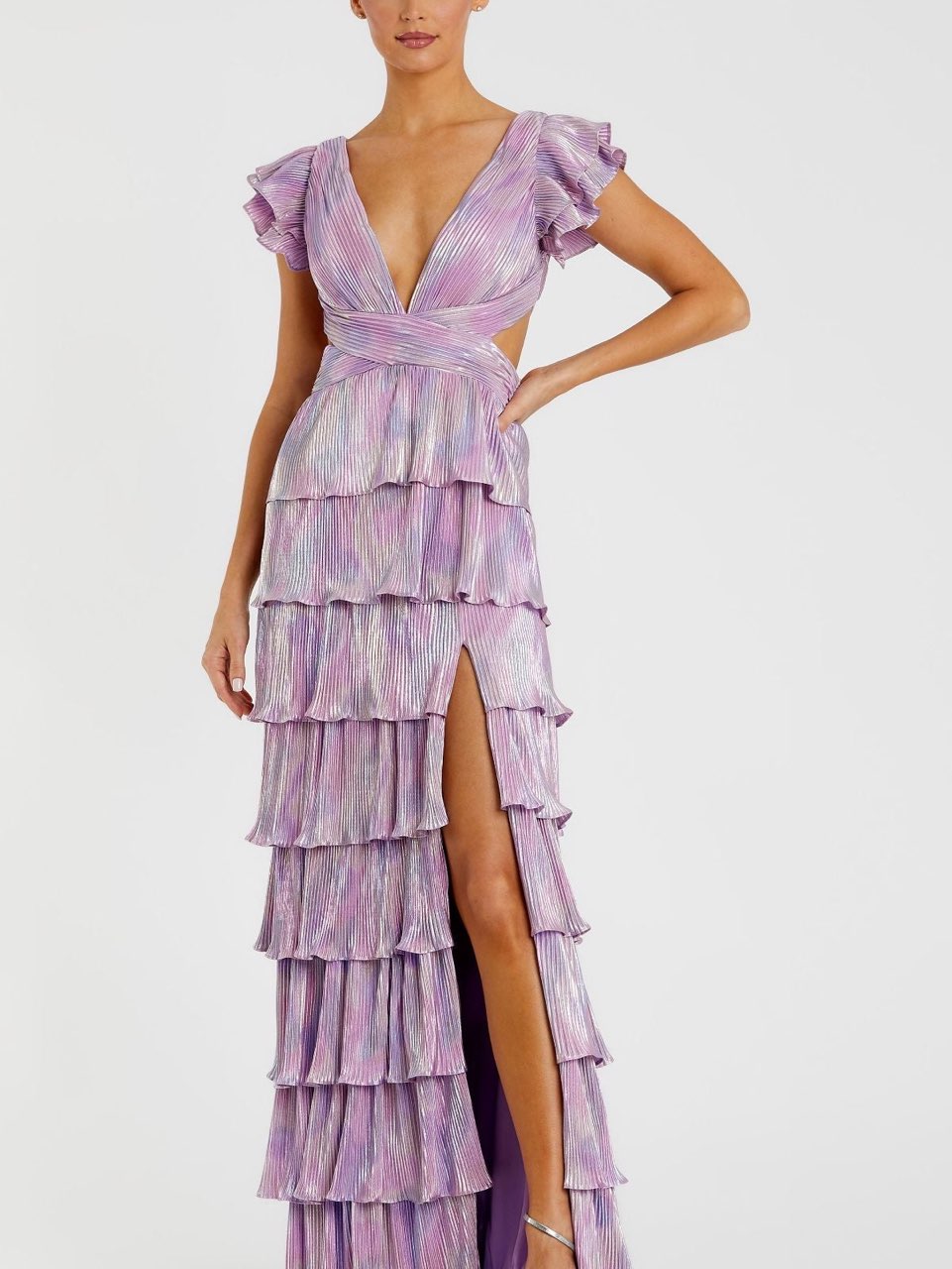 Purple Ruffle Tiered Criss Cross Lace Up Gown