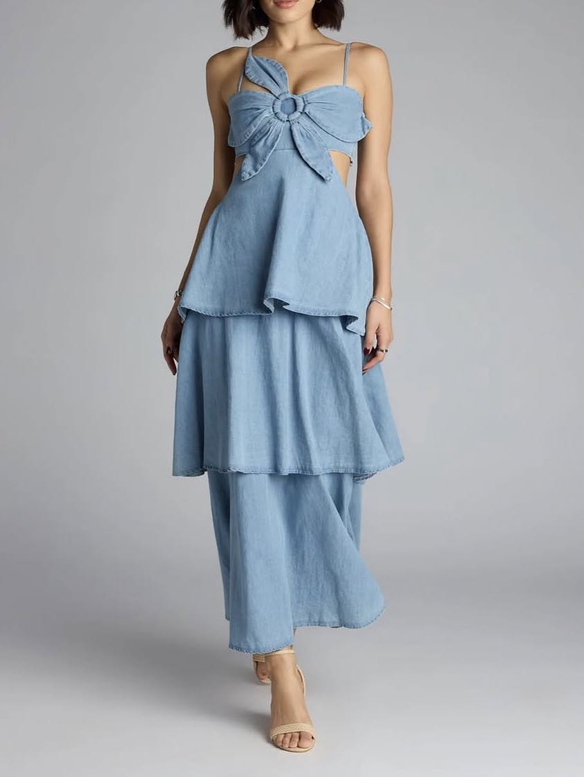 Blue Denim Maxi Dress with Bow Detail