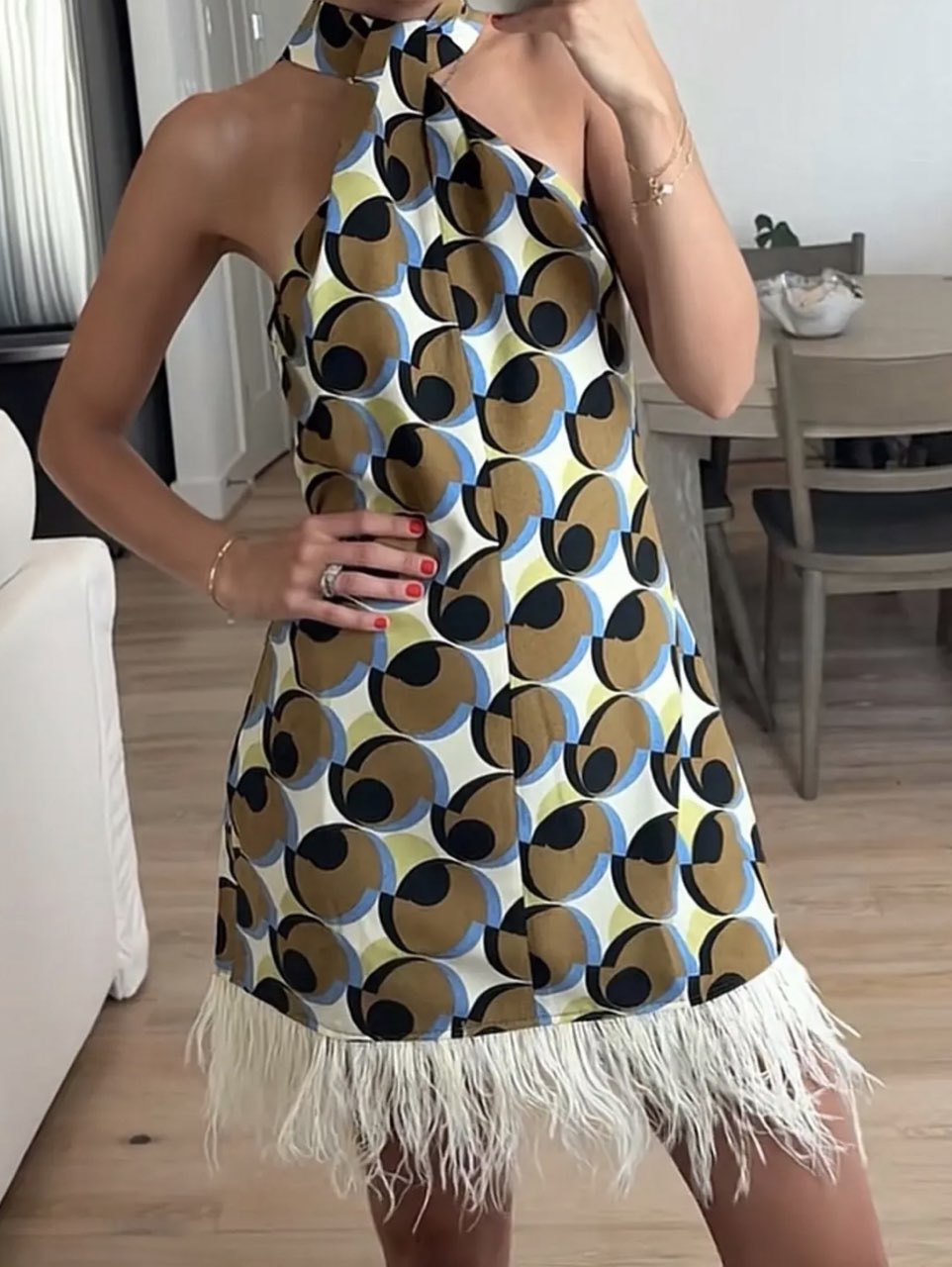Geometric Halter Mini Dress with Feather Trim
