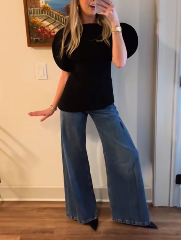 Black Puff Sleeve Asymmetrical Top