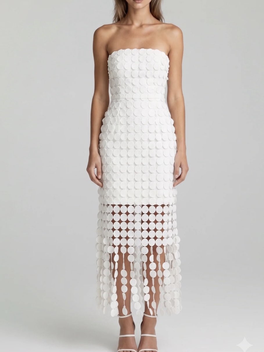 White Strapless Disc Embellished Midi Dress
