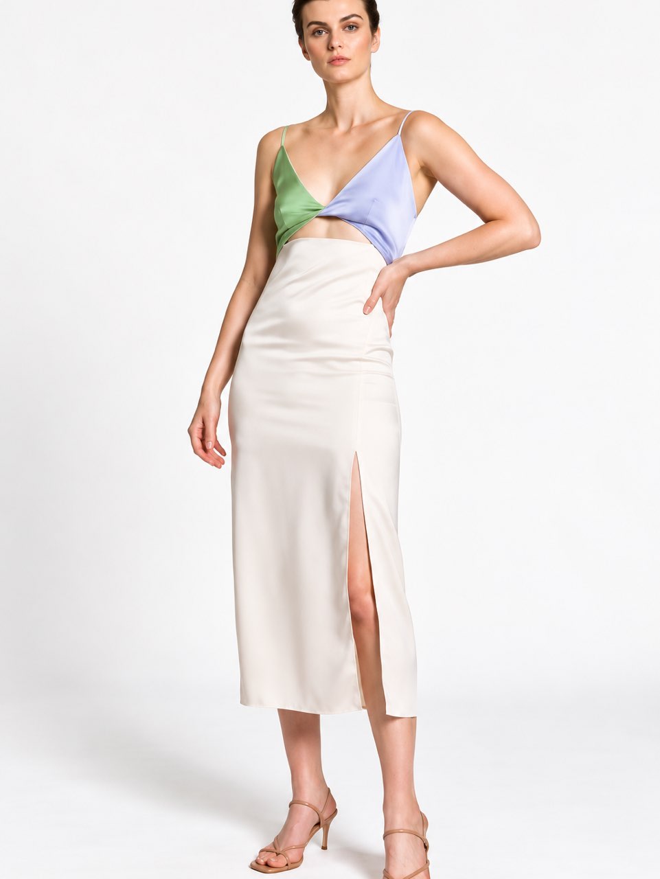 Light Blue & Green Colorblock Satin Cutout Midi Dress