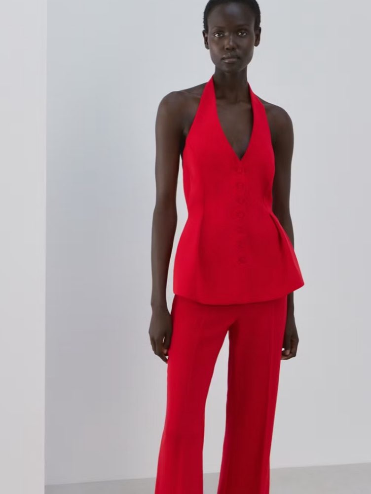 Red Halter Vest and Tailored Pants Set