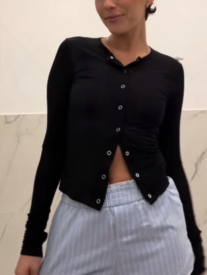 Black Ribbed Button-Front Top
