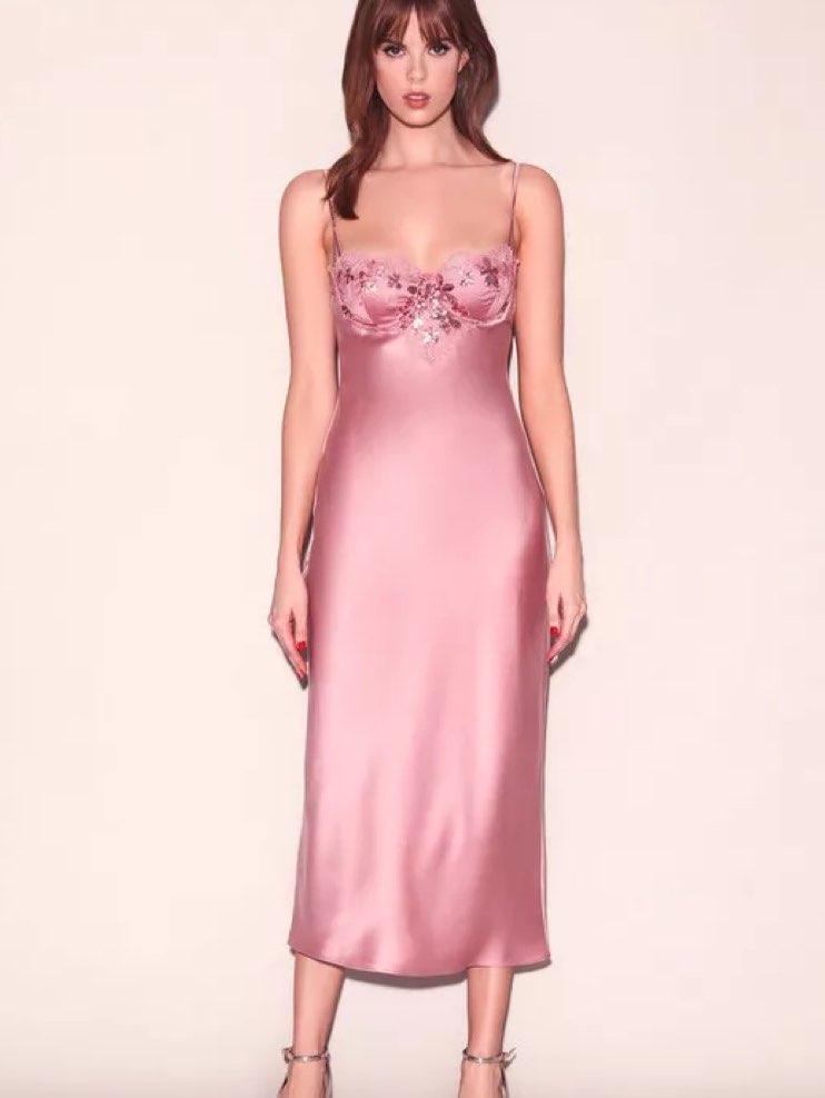 Pink Sequin Embroidered Slip Midi Dress