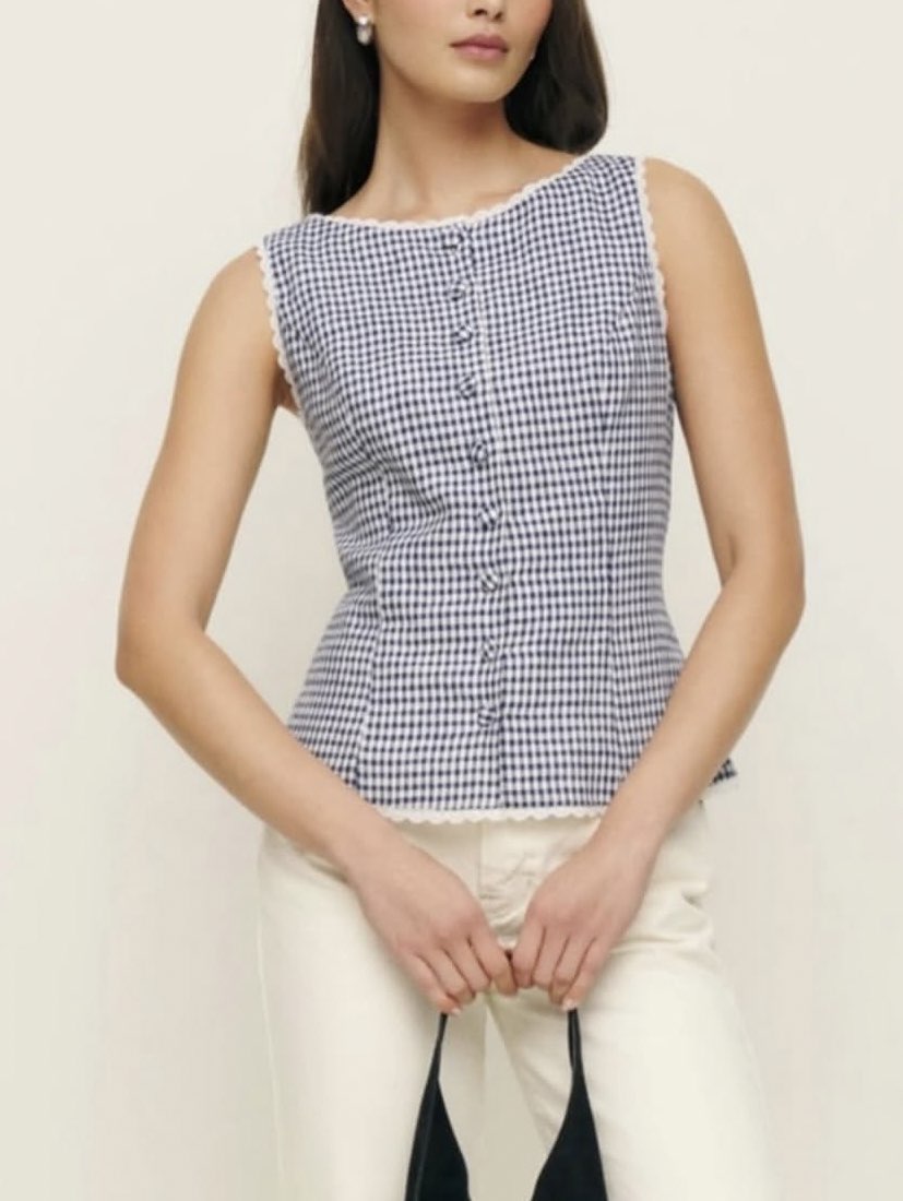 Reformation Amela Linen Top in Blue & White Gingham Size 2/XS/S