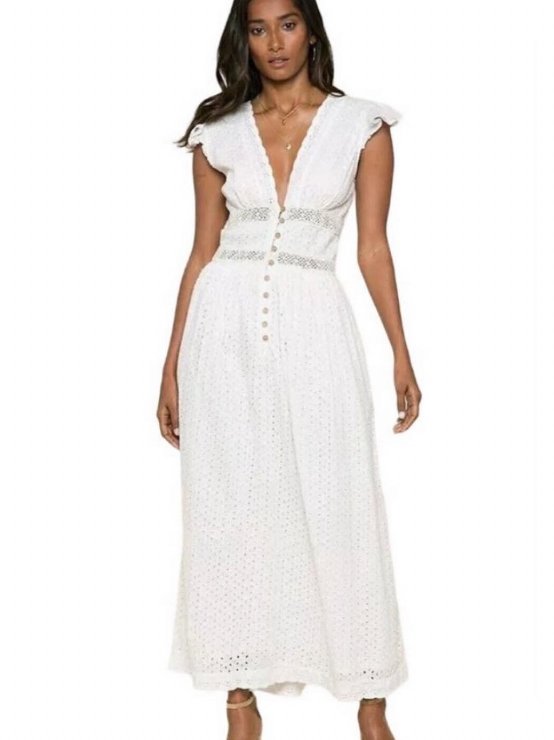 White Eyelet Long Maxi Midi Dress Button down V Neck