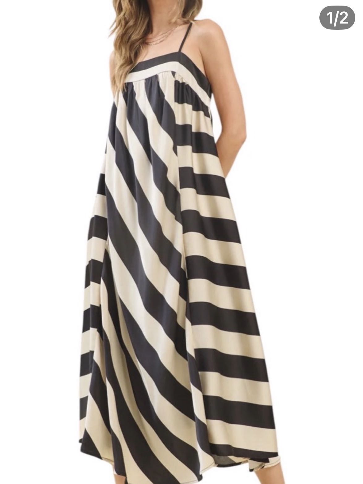 Black and Cream Striped Maxi Dress