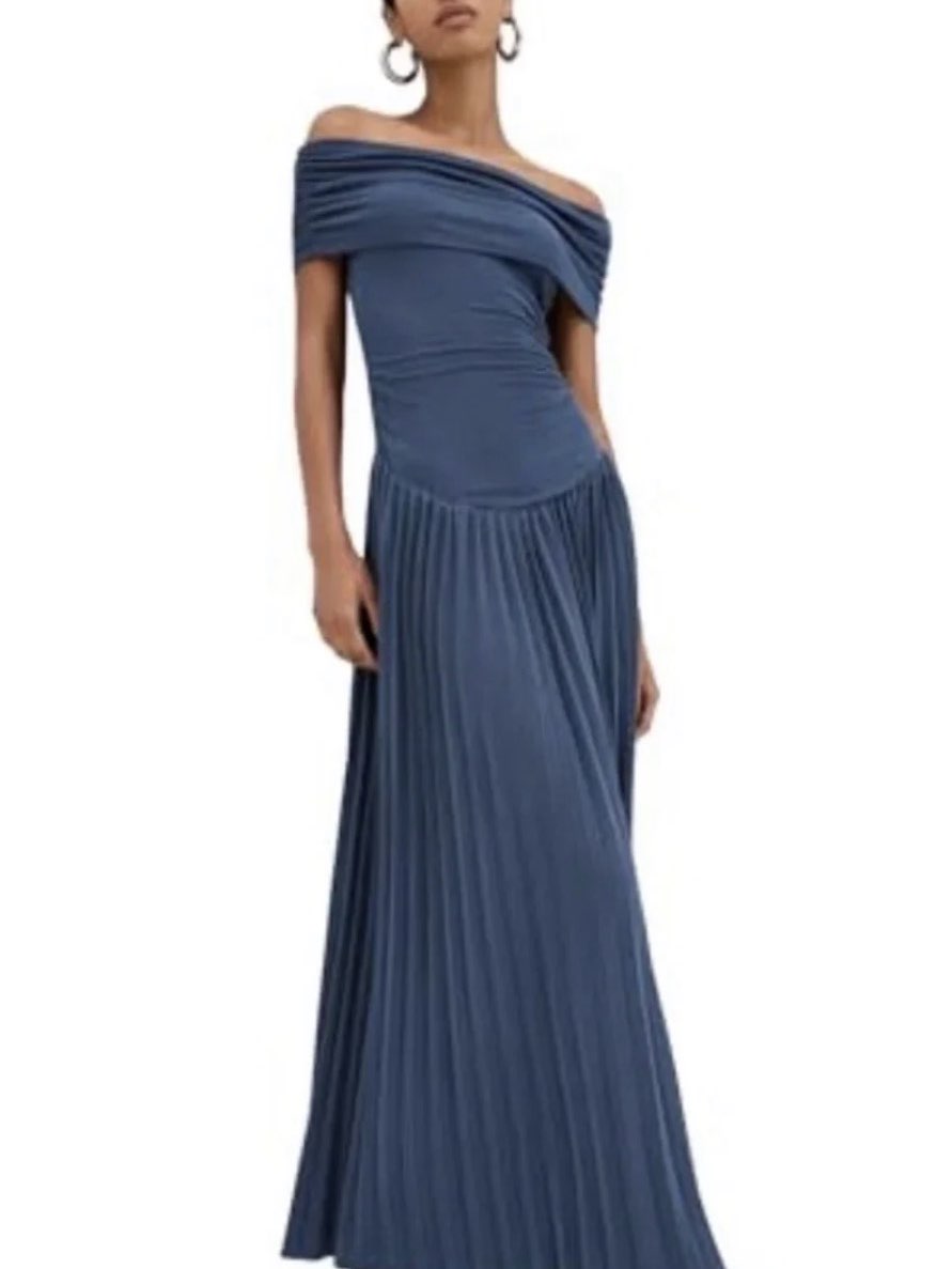 Blue Off the shoulder Drop-Waist Maxi Dress