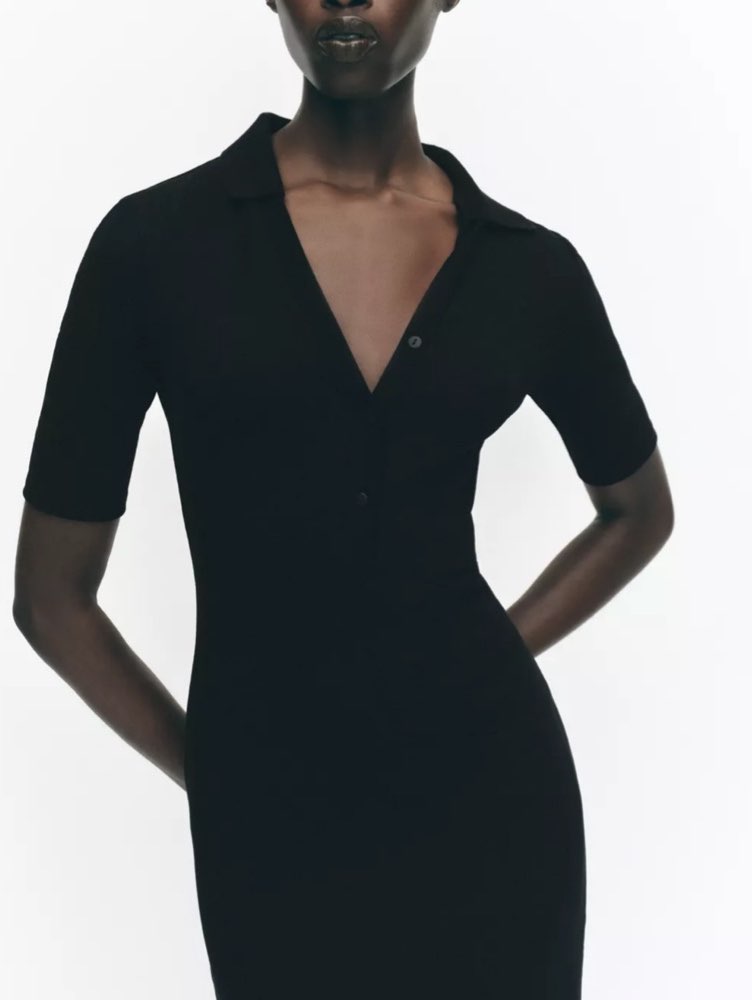 Black Ribbed Polo Midi Dress
