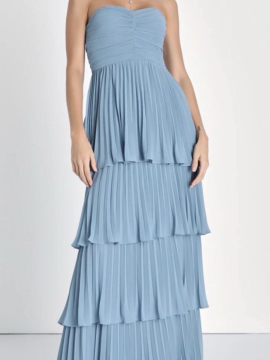 Dusty Blue Pleated Tiered Strapless Maxi Dress