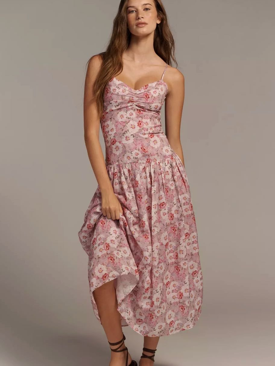 Pink and Purple Floral Drop Waist Midi Dress